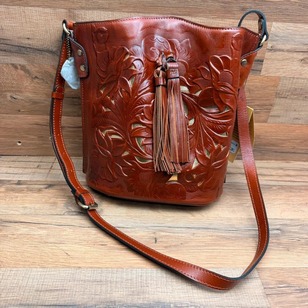 Patricia Nash Leather Accadia Bucket Drawstring Crossbody Bag Tan Cutout